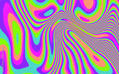 Trippy glitch background in style of psychedelic 60s and 70s parties with bright acidic rainbow colors and a winding geometric wavy pattern.