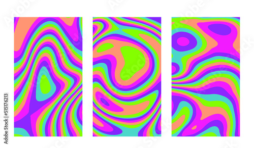 Set of hippie retro posters with melting and distorting shapes.