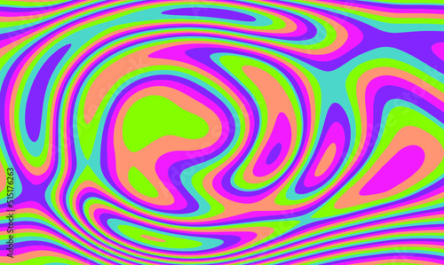 Trippy glitch background in style of psychedelic 60s and 70s parties with bright acidic rainbow colors and a winding geometric wavy pattern.