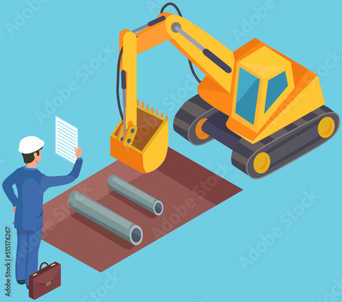 Excavator digs hole for pipeline repair, engineer head directs work of tractor, public utility repairing pipes. Excavation work at construction site. Transport equipment laying pipes for new building