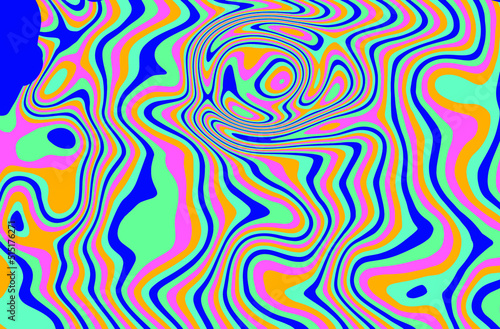 Trippy glitch background in style of psychedelic 60s and 70s parties with bright acidic rainbow colors and a winding geometric wavy pattern.
