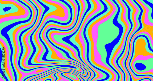 Trippy glitch background in style of psychedelic 60s and 70s parties with bright acidic rainbow colors and a winding geometric wavy pattern.