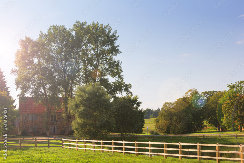 Countryside landscape near pond. Sigulda, Latvia