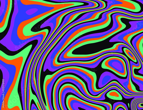 Trippy glitch background in style of psychedelic 60s and 70s parties with bright acidic colors and a winding geometric wavy pattern.