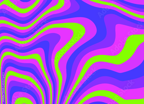 Trippy glitch background in style of psychedelic 60s and 70s parties with bright acidic colors and a winding geometric wavy pattern.