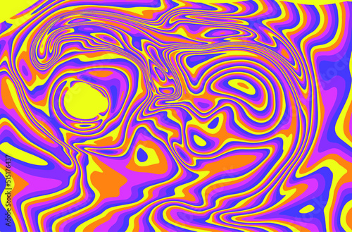 Trippy glitch background in style of psychedelic 60s and 70s parties with bright acidic colors and a winding geometric wavy pattern.