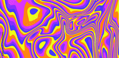 Trippy glitch background in style of psychedelic 60s and 70s parties with bright acidic colors and a winding geometric wavy pattern.