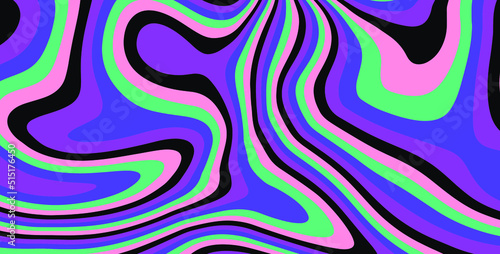 Trippy glitch background in style of psychedelic 60s and 70s parties with bright acidic colors and a winding geometric wavy pattern.