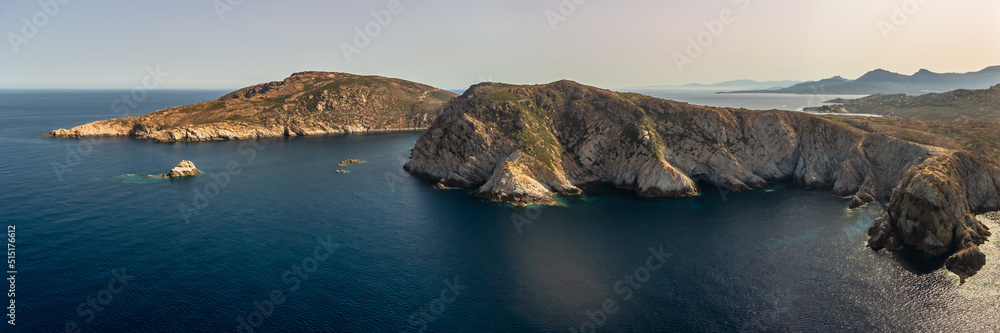 Panoramic aerial view of La Revellata, a rocky promontory on the west coast of Corsica near Calvi
