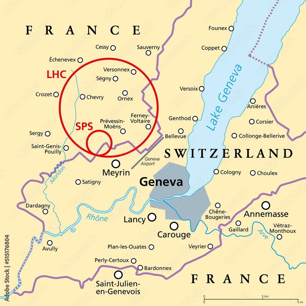 Large Hadron Collider (LHC) and Super Proton Synchrotron (SPS), political map. Position of worlds largest and highest-energy particle collider near Geneva beneath the border of France and Switzerland.