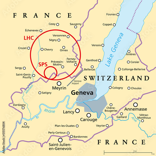 Large Hadron Collider (LHC) and Super Proton Synchrotron (SPS), political map. Position of worlds largest and highest-energy particle collider near Geneva beneath the border of France and Switzerland.