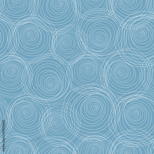 Abstract seamless pattern with white hand drawn spiral circles on a pale blue background. Simple vector graphic backdrop. Soft delicate print for textile, fabric, wallpaper, paper wrapping and cover