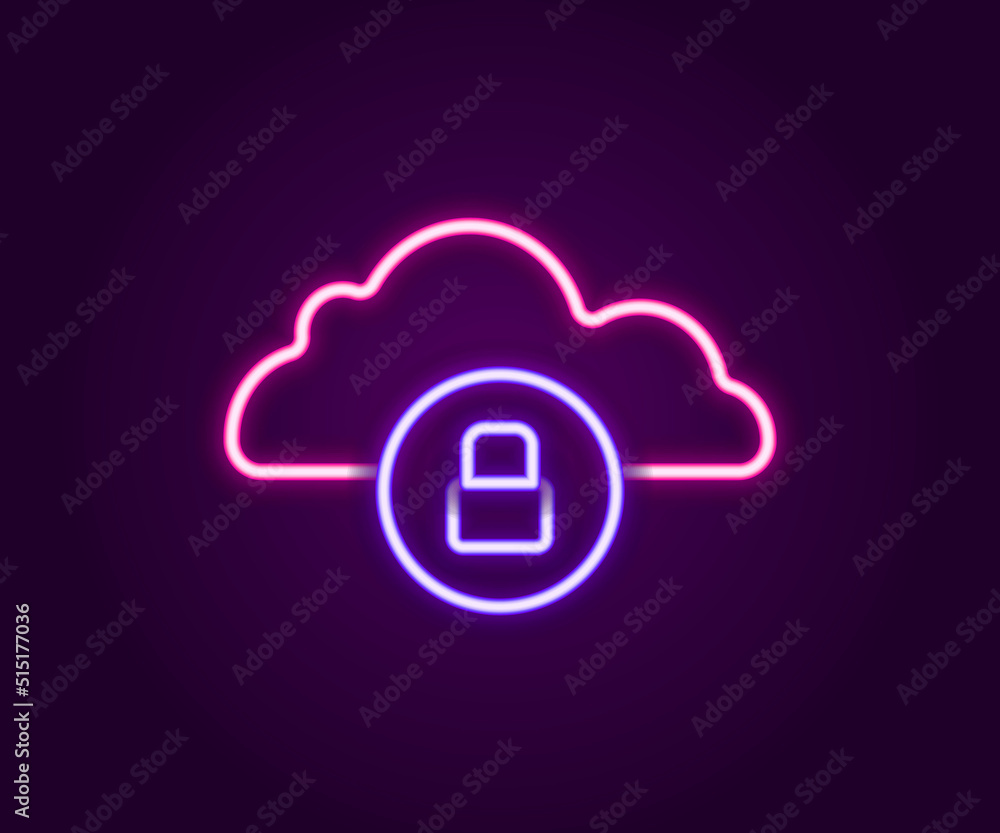 Glowing neon line Cloud computing lock icon isolated on black background. Security, safety, protection concept. Protection of personal data. Colorful outline concept. Vector Glowing neon line Cloud computing lock icon isolated on black background. Security, safety, protection concept. Protection of personal data. Colorful outline concept. Vector
