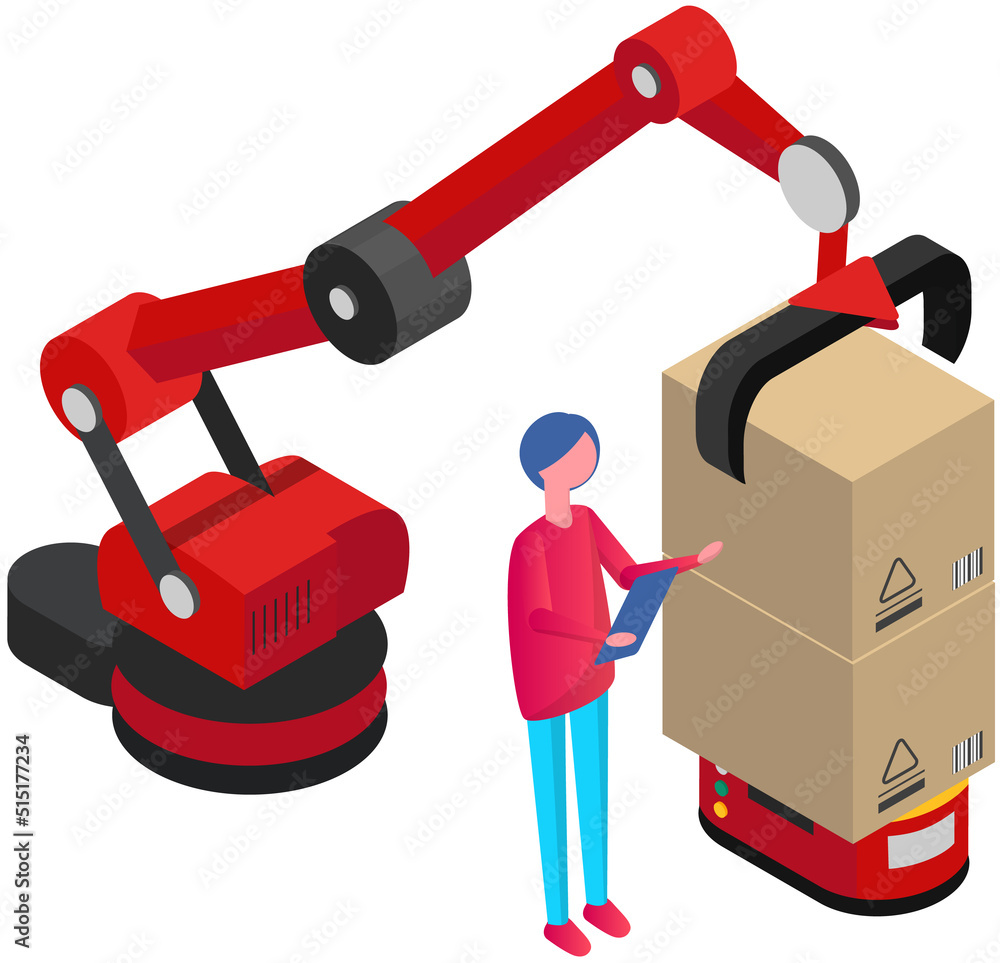 Automation and robot technology concept. Operator with tablet controls manipulators loading boxes. Person using robotic arm machine in industry. Industrial production and artificial intelligence Automation and robot technology concept. Operator with tablet controls manipulators loading boxes. Person using robotic arm machine in industry. Industrial production and artificial intelligence