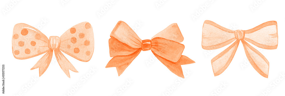 Watercolor orange bows set isolated on white background