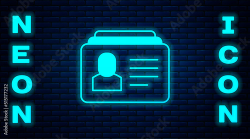 Glowing neon Resume icon isolated on brick wall background. CV application. Searching professional staff. Analyzing personnel resume. Vector