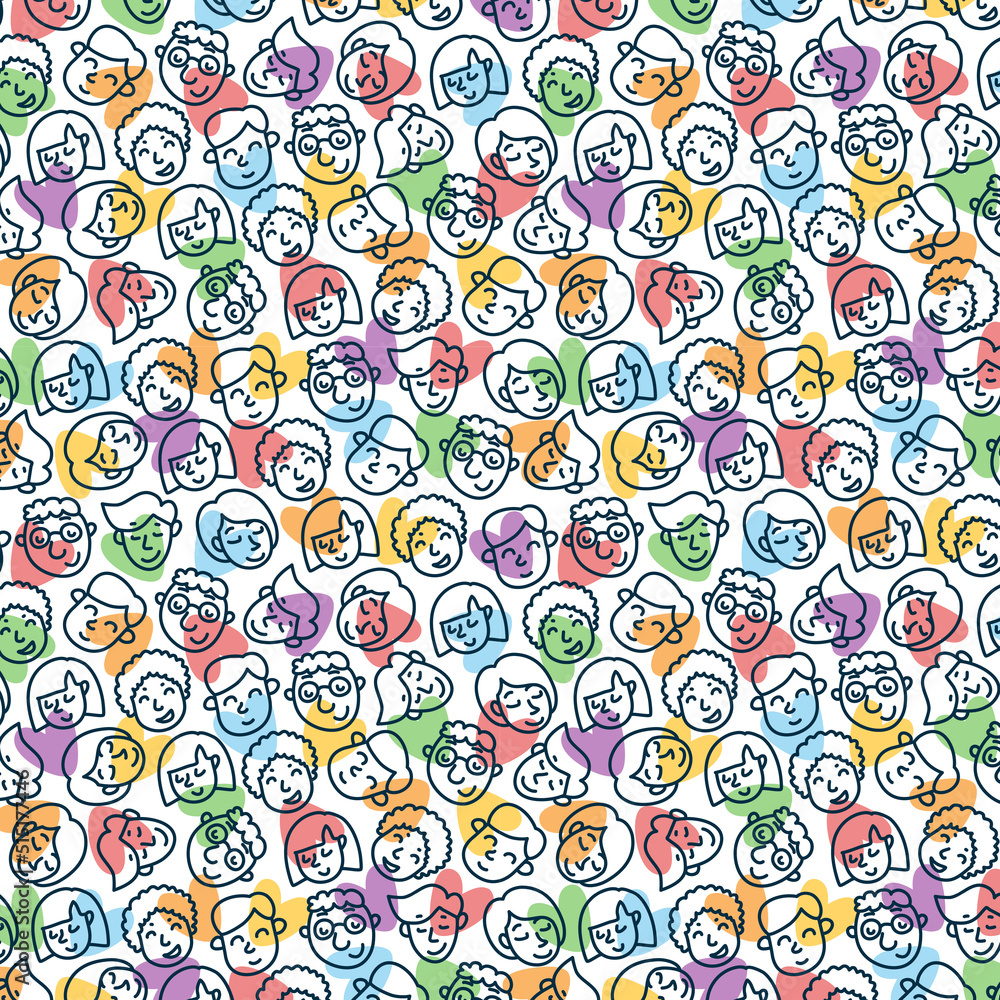 Colorful never ending pattern with smiling people faces and spots in colors of lgbt community. LGBTQI+ flat vector illustrations for fabric print and other Colorful never ending pattern with smiling people faces and spots in colors of lgbt community. LGBTQI+ flat vector illustrations for fabric print and other