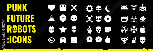 Obraz na płótnie Icon set in futuristic style, cyberpunk elements, robots emoticons collection, vector symbols of cyborgs, aliens and monsters w salonie