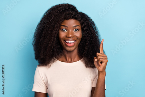 Photo of positive person point finger brilliant excellent choice isolated on blue color background © deagreez