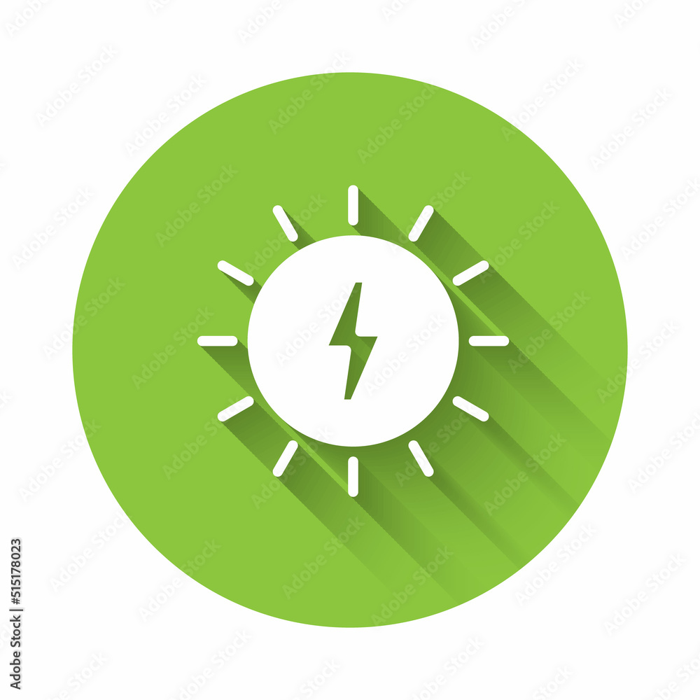White Solar energy panel icon isolated with long shadow background. Sun with lightning symbol. Green circle button. Vector White Solar energy panel icon isolated with long shadow background. Sun with lightning symbol. Green circle button. Vector