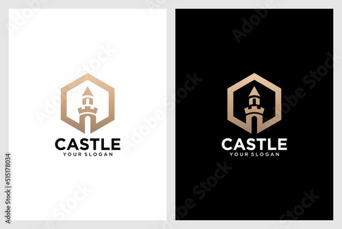 castle logo design with hexagon