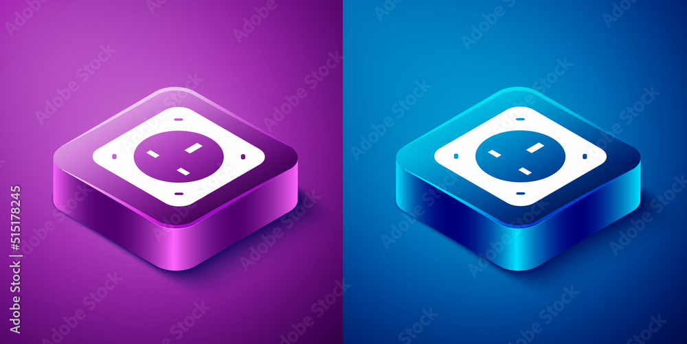 Isometric Electrical outlet icon isolated on blue and purple background. Power socket. Rosette symbol. Square button. Vector Isometric Electrical outlet icon isolated on blue and purple background. Power socket. Rosette symbol. Square button. Vector