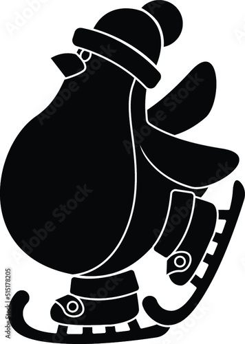 Black and White Cartoon Illustration Vector of a Cartoon Penguin ice Skating with a Wooly Hat