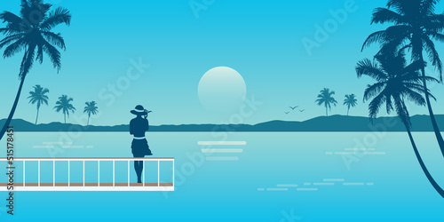 young woman on the bridge looks to the sea summer holiday background