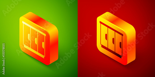 Isometric Wardrobe icon isolated on green and red background. Cupboard sign. Square button. Vector