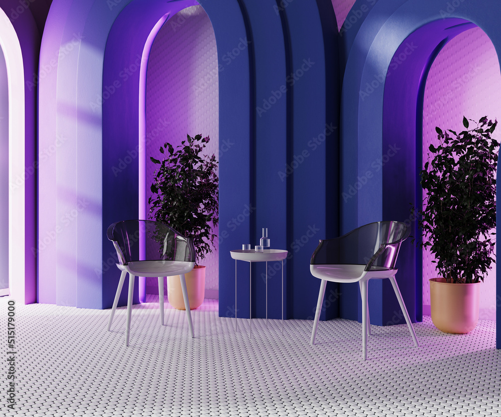 Contemporary room design with design chairs and coffee table with blue