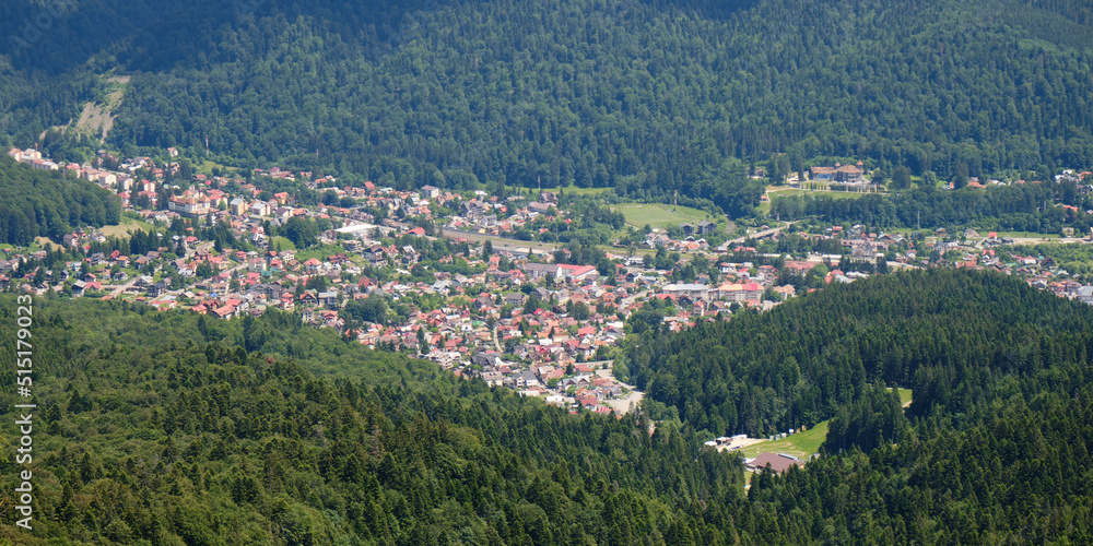 Aerial panorama of Busteni village in Prahova Valley, surrounded by forest, a popular outdoor destination in Romania.