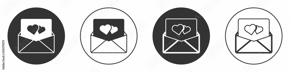Black Envelope with Valentine heart icon isolated on white background. Message love. Letter love and romance. Circle button. Vector Black Envelope with Valentine heart icon isolated on white background. Message love. Letter love and romance. Circle button. Vector