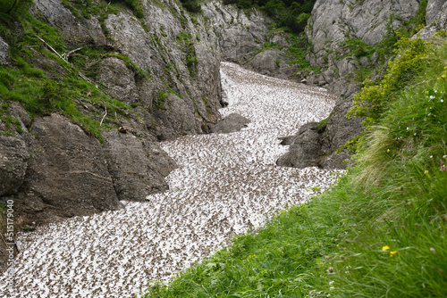 Late Summer snow in Costila Valley, an unmarked alpine route in Bucegi mountains, Romania.