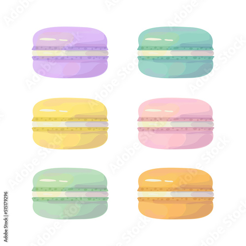 Different flavours of Macarons. Colorful Watercolor french cookies. Vector isolated on white background.