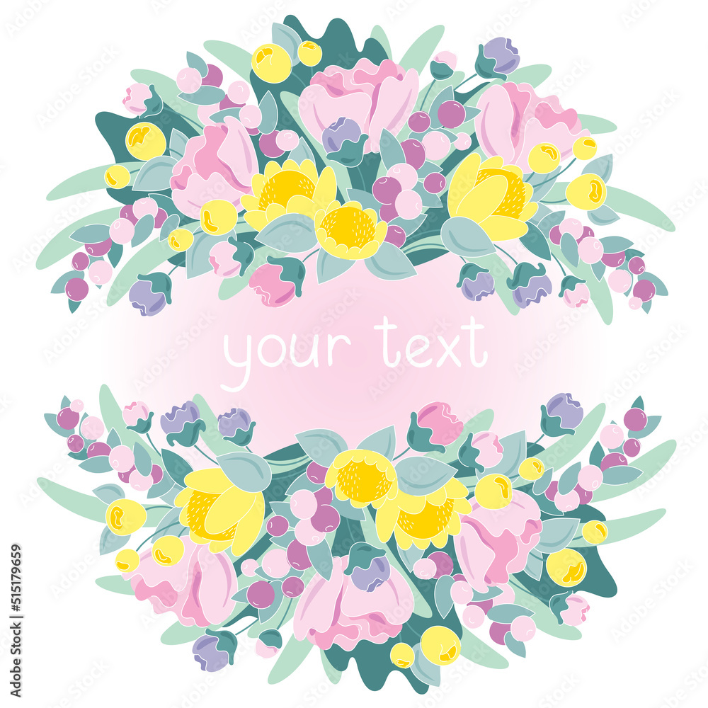 Circle yellow and pink flower and berries card layout Circle yellow and pink flower and berries card layout
