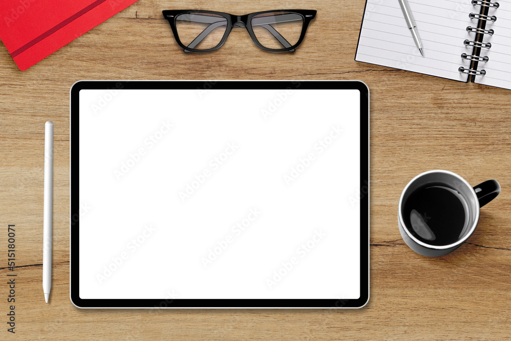 Digital tablet pc with empty white screen and wireless pen on office desk Digital tablet pc with empty white screen and wireless pen on office desk