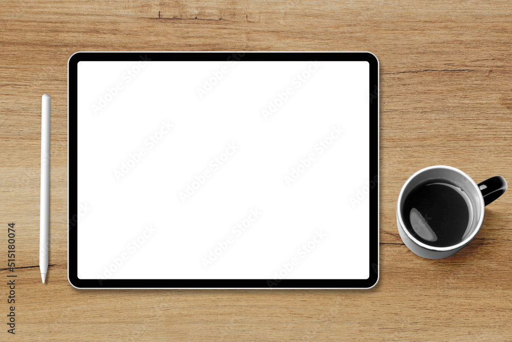 Tablet pc with empty white screen and wireless pen on the table Tablet pc with empty white screen and wireless pen on the table