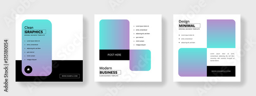 Gradient colours social media templates, rounded shapes design in instagram and facebook post layouts, black contrast elements, square web banners with well organized structure