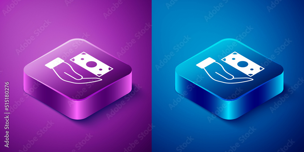 Isometric Money with shield icon isolated on blue and purple background. Insurance concept. Security, safety, protection, protect concept. Square button. Vector Isometric Money with shield icon isolated on blue and purple background. Insurance concept. Security, safety, protection, protect concept. Square button. Vector