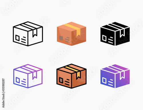 Package Delivery icon set with different styles. Style line, outline, flat, glyph, color, gradient. Editable stroke and pixel perfect.