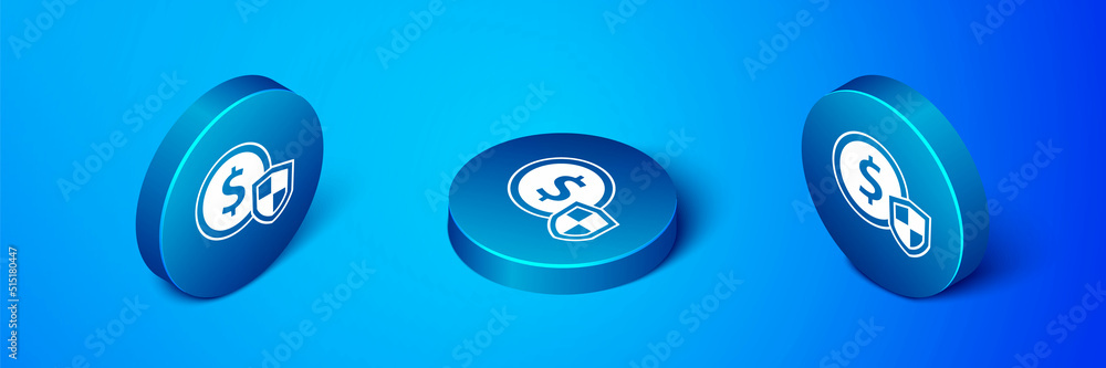 Isometric Money with shield icon isolated on blue background. Insurance concept. Security, safety, protection, protect concept. Blue circle button. Vector Isometric Money with shield icon isolated on blue background. Insurance concept. Security, safety, protection, protect concept. Blue circle button. Vector