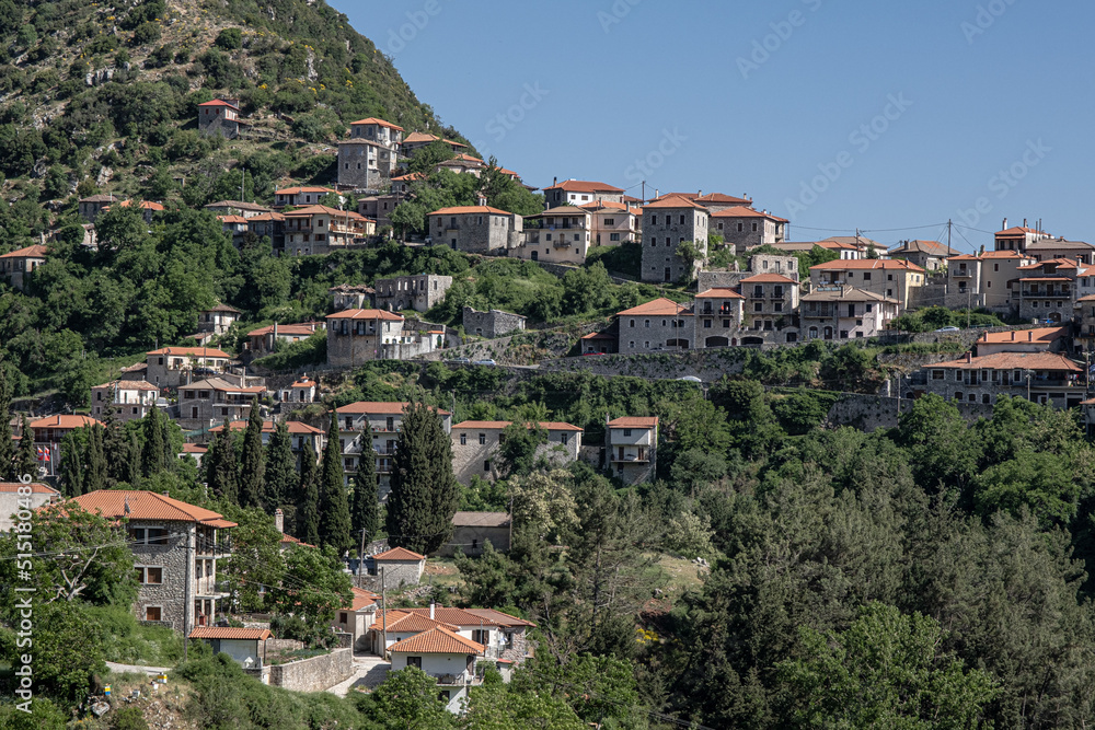 Dimitsana, a picturesque mountain village, built like an amphitheatre, surrounded by mountain tops and pine tree forests, Arcadia region, central Peloponnes, Greece

