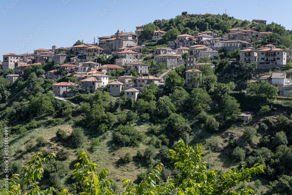 Dimitsana, a picturesque mountain village, built like an amphitheatre, surrounded by mountain tops and pine tree forests, Arcadia region, central Peloponnes, Greece