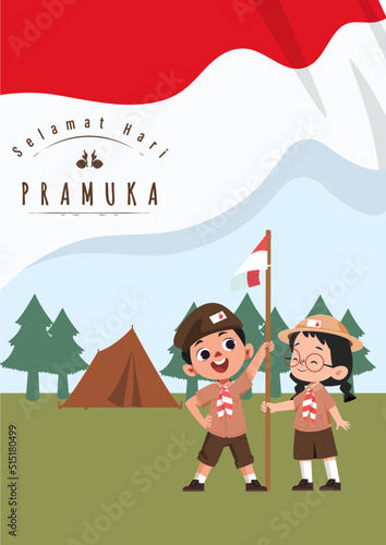 Translate: Happy Scout Day August 14 Indonesian Festival Day. Selamat Hari Pramuka. Vector Illustration. Boy and girl Student celebrate pramuka day. 