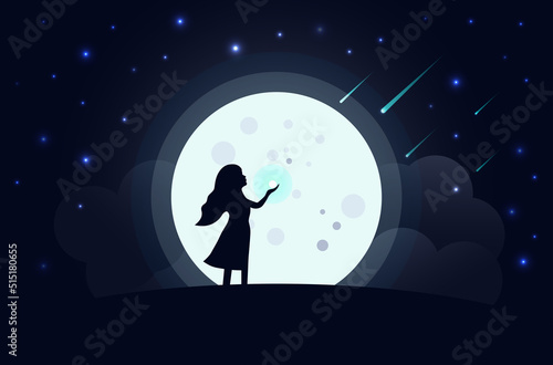 illustration of a silhouette of a girl on the background of the moon and the starry sky with saturn. flat planet image on starry night