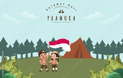 Translate: Happy Scout Day August 14 Indonesian Festival Day. Selamat Hari Pramuka. Vector Illustration. Boy and girl Student celebrate pramuka day. 
