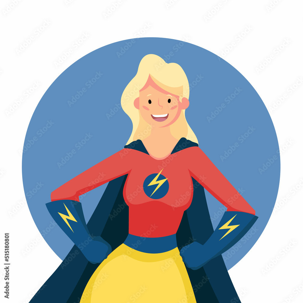 Superhero woman cartoon pose isolated. Blonde pretty female super woman avatar. Vector stock.