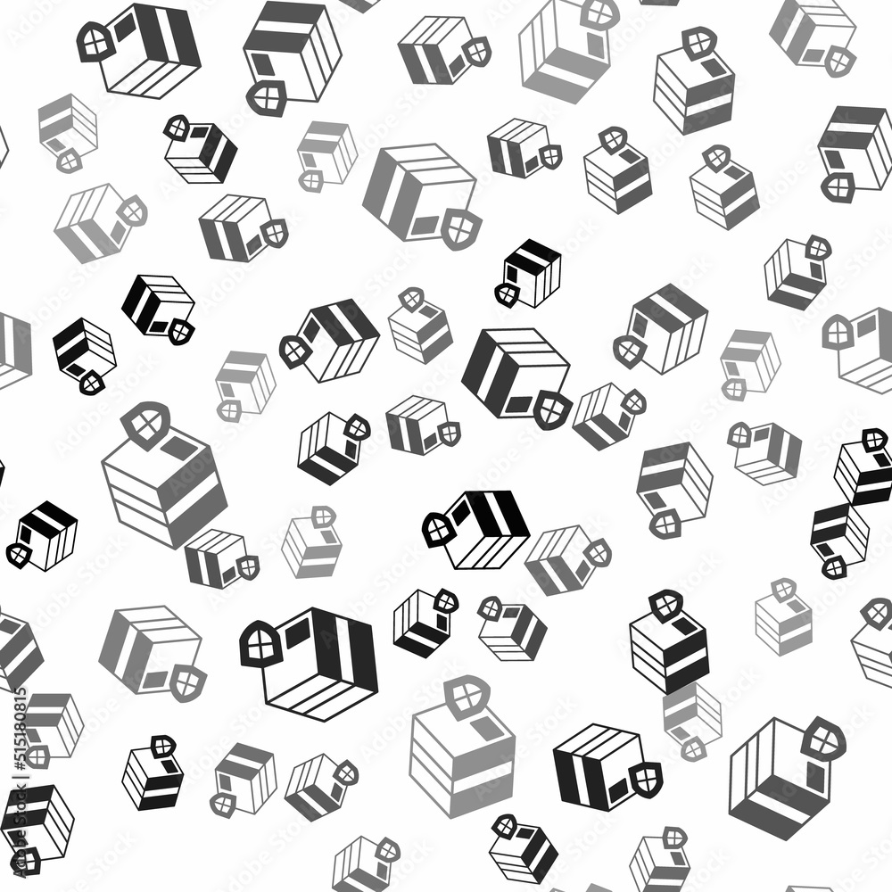 Fototapeta premium Black Delivery security with shield icon isolated seamless pattern on white background. Delivery insurance. Insured cardboard boxes beyond the shield. Vector