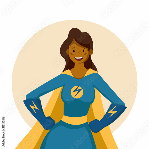 African American super hero woman cartoon pose isolated. Pretty female super woman avatar. Vector stock.