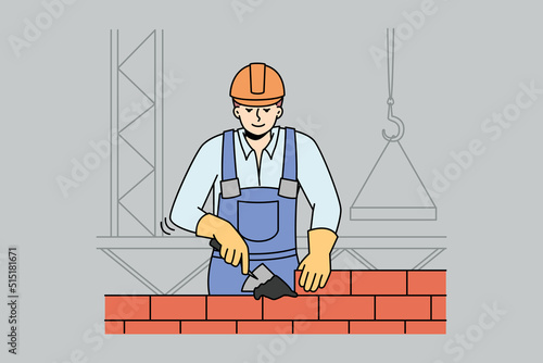 Male builder in helmet and uniform working at construction site. Man worker building house with bricks. Renovation concept. Vector illustration. 
